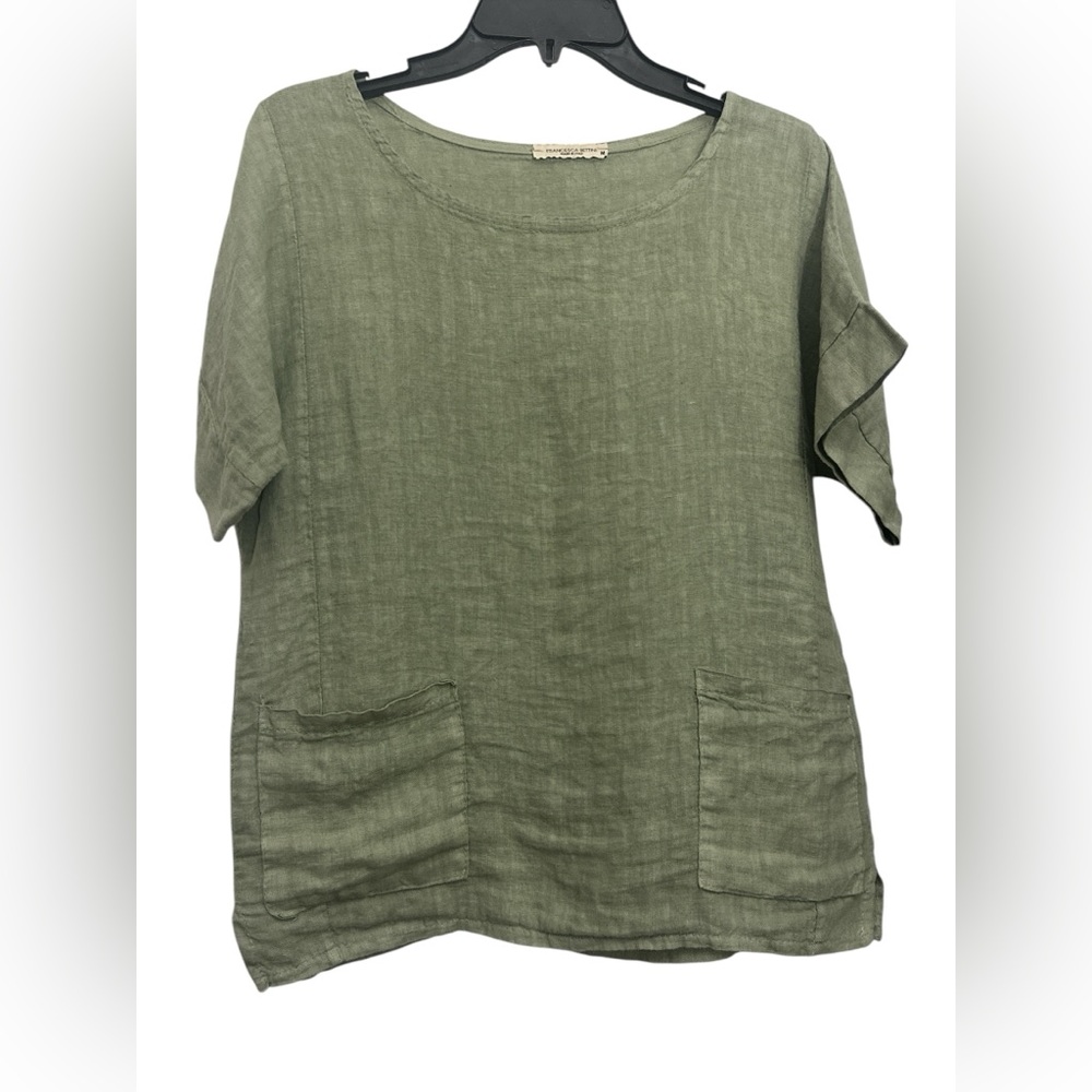 Relaxed Olive Linen Pocket Blouse for Women